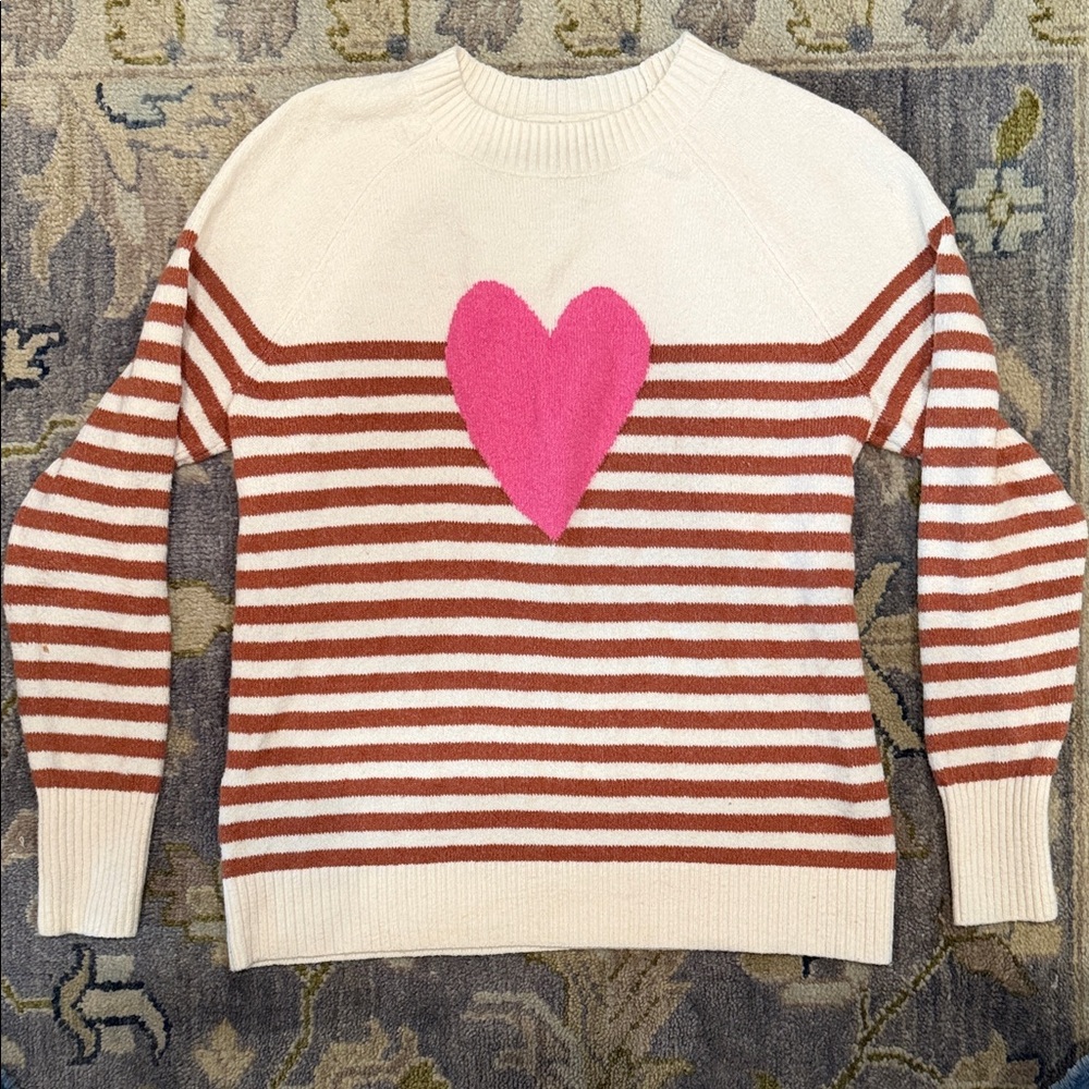 LOFT Cream and Brown Striped Sweater with Pink Heart